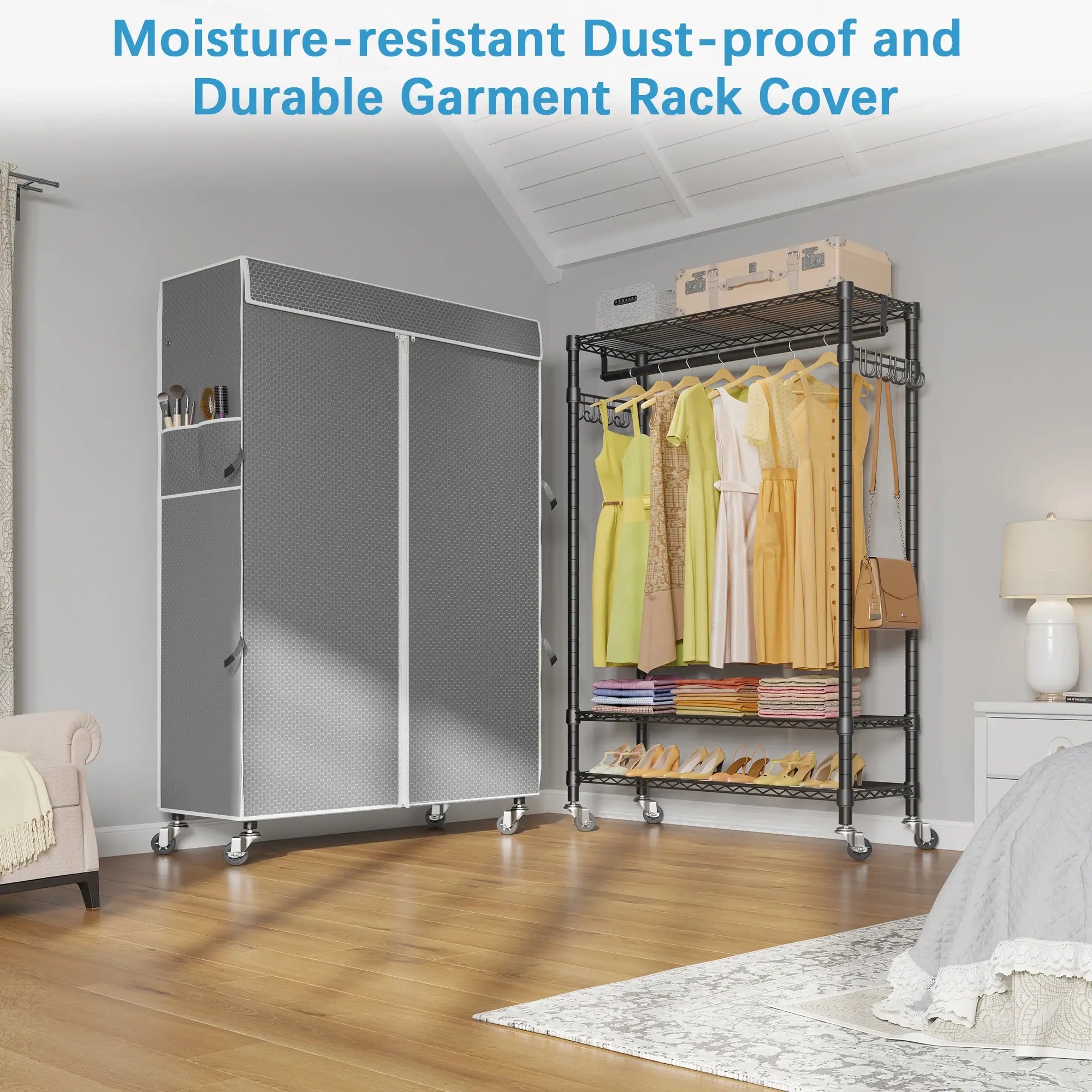 VIPEK R3C Plus Rolling Clothes Rack, Black Rack with Gray Cover