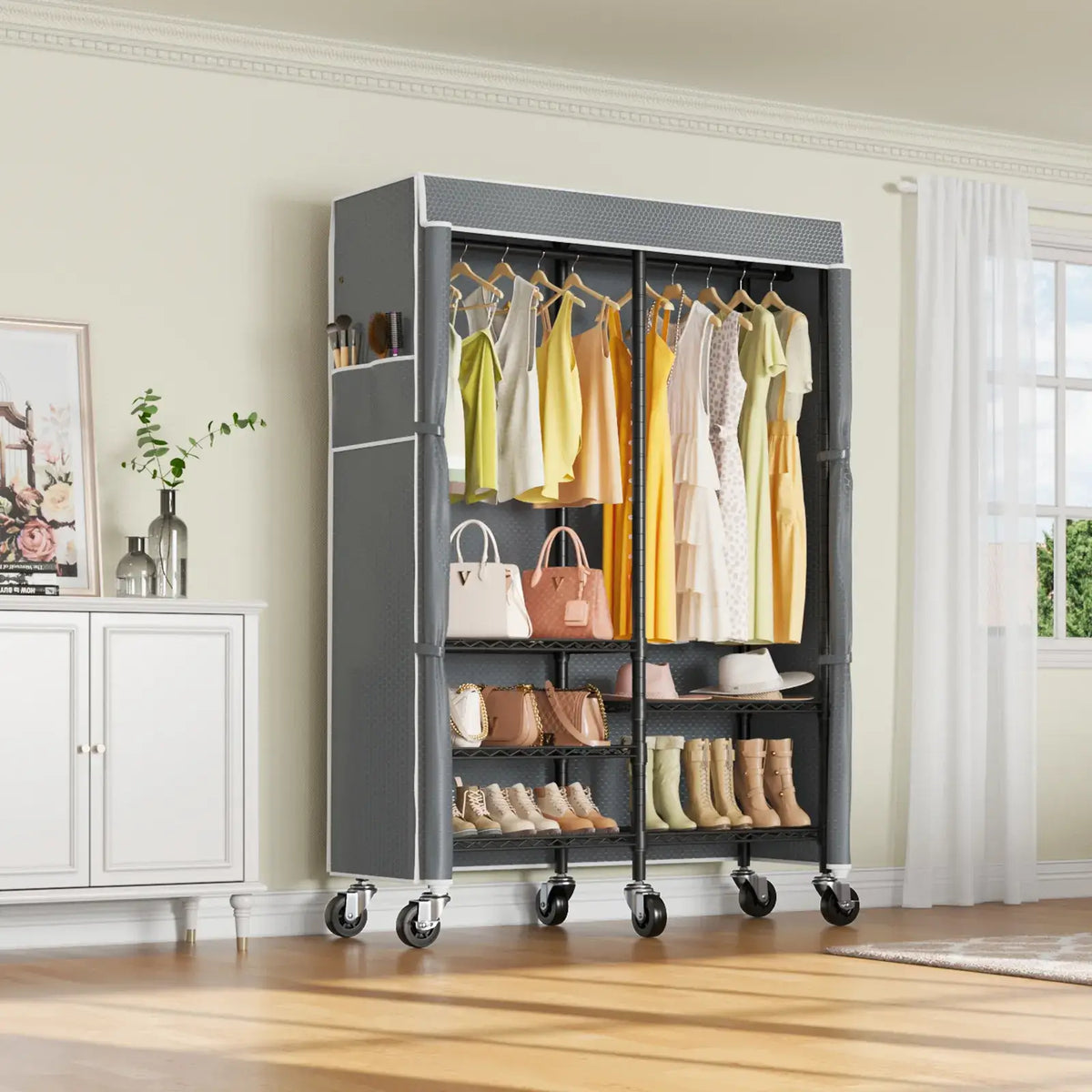 VIPEK R4C Rolling Clothes Rack, Black Rack with Gray Cover